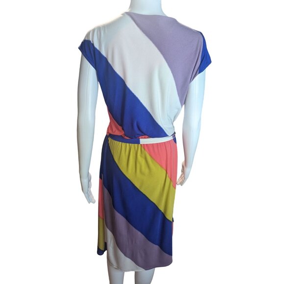 maxandcleo Retro Faux Wrap Striped Dress Ruching Detailing Modest Stretchy sz M - Picture 6 of 9